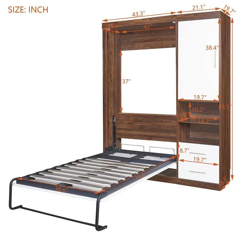 Lit escamotable mural de taille simple avec armoire
