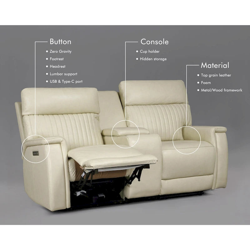 Causeuse inclinable électrique en cuir zéro gravité 73 po avec appuie-tête électrique, soutien lombaire électrique et ports USB et USB-C