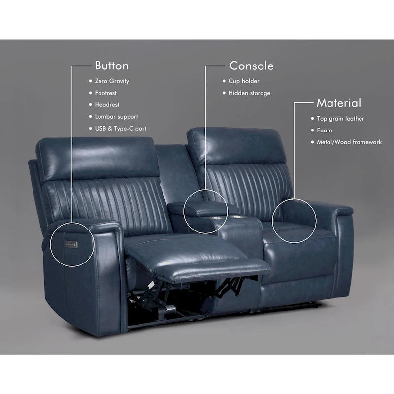 Causeuse inclinable électrique en cuir zéro gravité 73 po avec appuie-tête électrique, soutien lombaire électrique et ports USB et USB-C