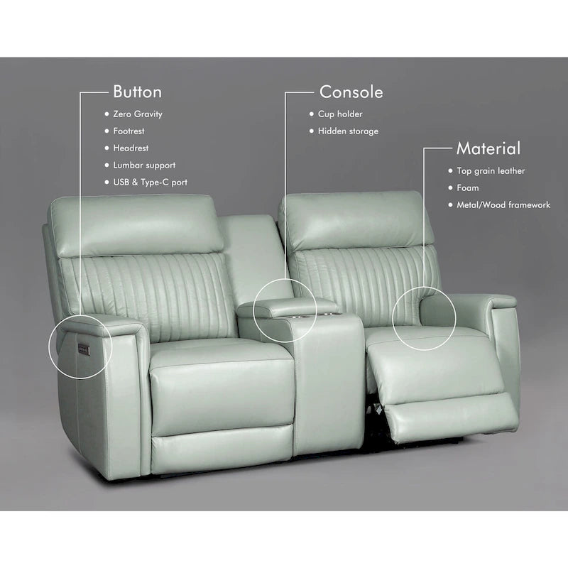 Causeuse inclinable électrique en cuir zéro gravité 73 po avec appuie-tête électrique, soutien lombaire électrique et ports USB et USB-C