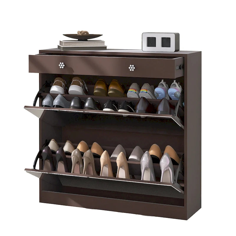 Meuble à chaussures miroir avec 2 tiroirs basculants et porte coulissante style grange, organisateur de chaussures autoportant avec tiroir et étagères