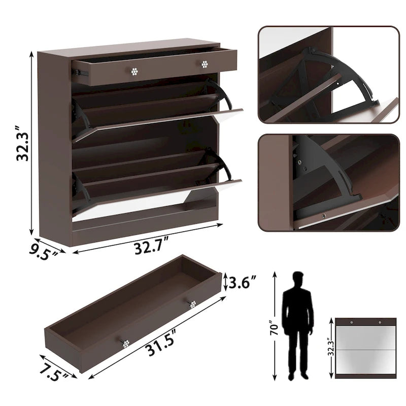 Meuble à chaussures miroir avec 2 tiroirs basculants et porte coulissante style grange, organisateur de chaussures autoportant avec tiroir et étagères