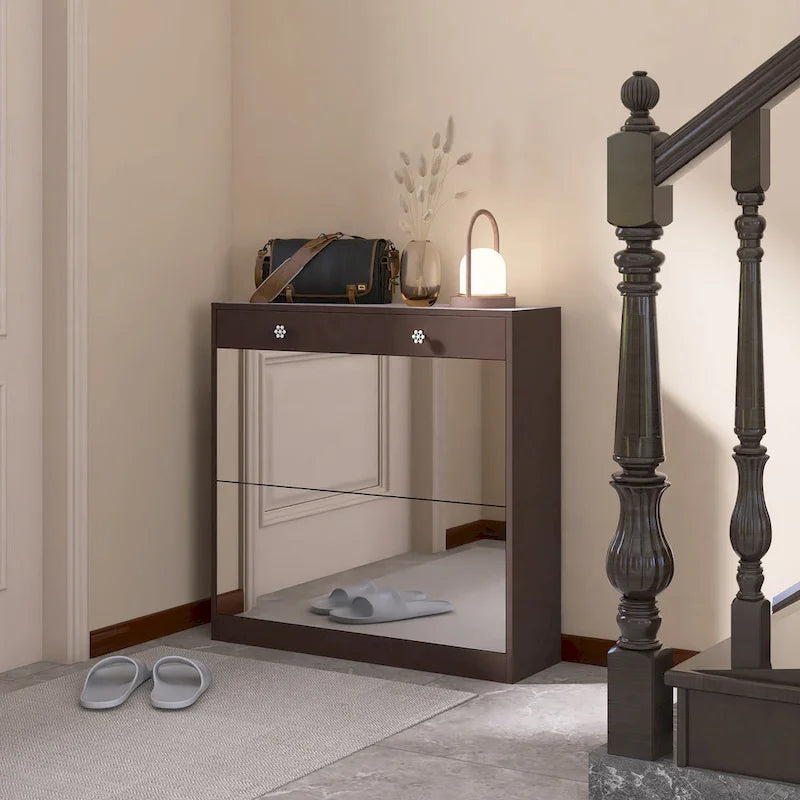 Meuble à chaussures miroir avec 2 tiroirs basculants et porte coulissante style grange, organisateur de chaussures autoportant avec tiroir et étagères