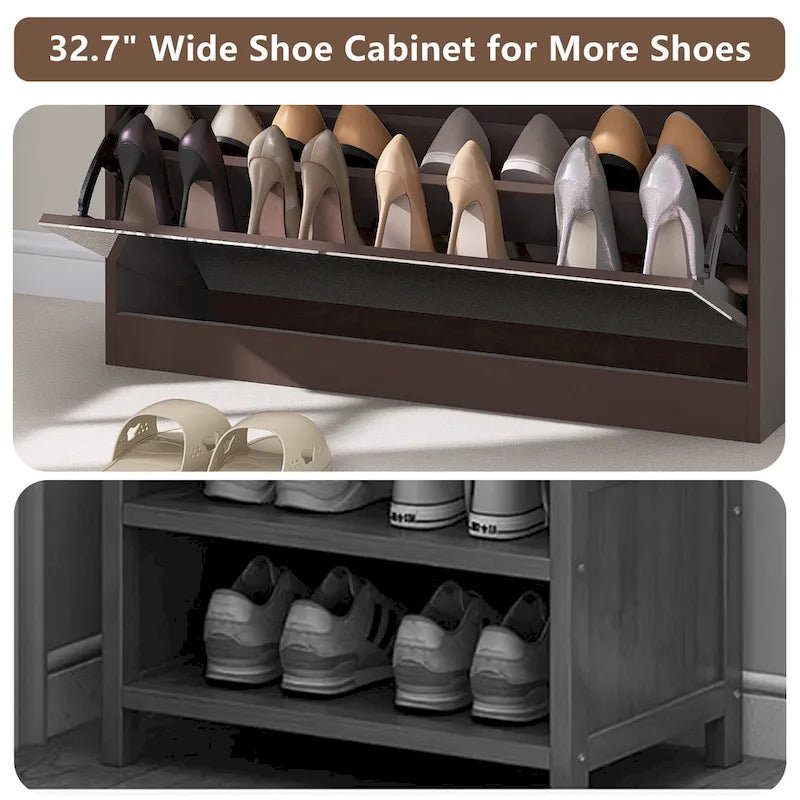 Meuble à chaussures miroir avec 2 tiroirs basculants et porte coulissante style grange, organisateur de chaussures autoportant avec tiroir et étagères