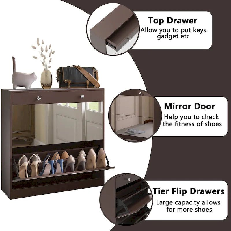 Meuble à chaussures miroir avec 2 tiroirs basculants et porte coulissante style grange, organisateur de chaussures autoportant avec tiroir et étagères
