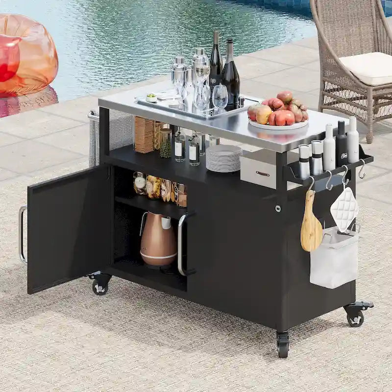 54,5 îlot de cuisine extérieur avec plateau en acier inoxydable, table de chariot de barbecue en métal avec armoire de rangement, étagère à épices