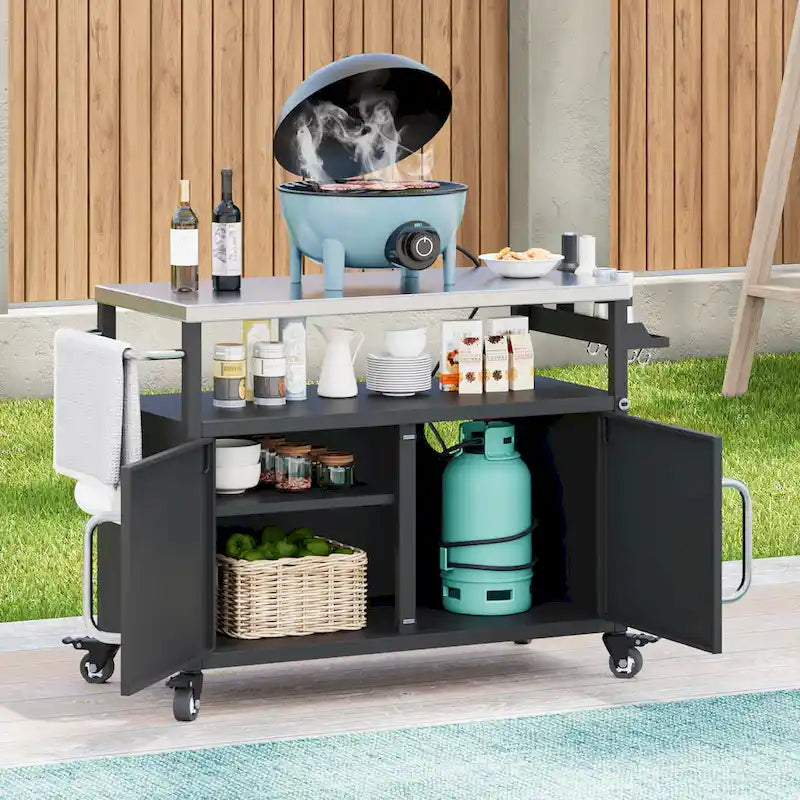 54,5 îlot de cuisine extérieur avec plateau en acier inoxydable, table de chariot de barbecue en métal avec armoire de rangement, étagère à épices