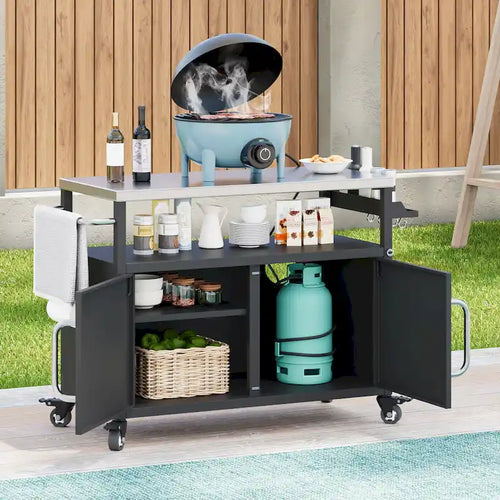 54,5 îlot de cuisine extérieur avec plateau en acier inoxydable, table de chariot de barbecue en métal avec armoire de rangement, étagère à épices