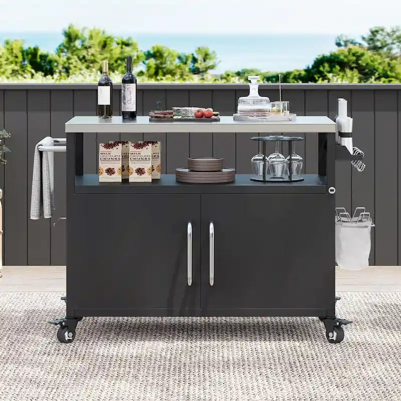 54,5 îlot de cuisine extérieur avec plateau en acier inoxydable, table de chariot de barbecue en métal avec armoire de rangement, étagère à épices