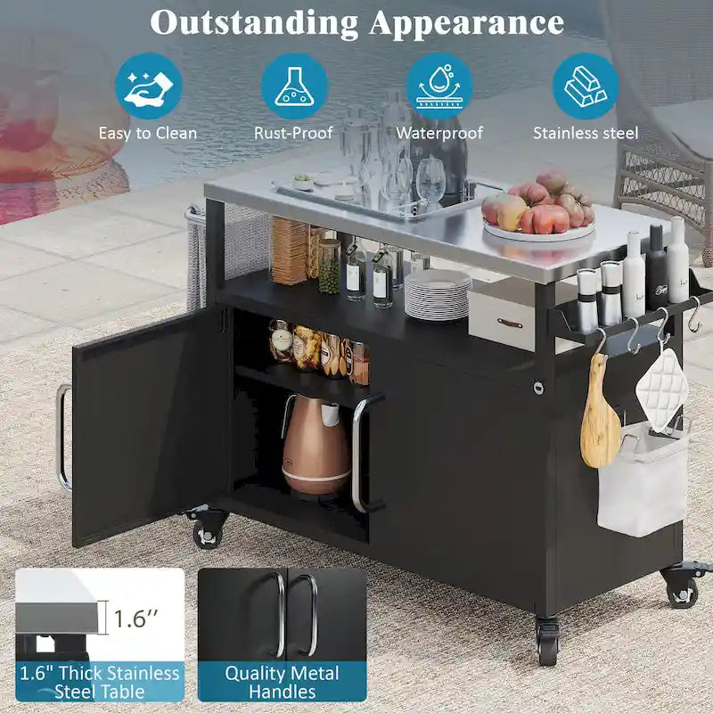 54,5 îlot de cuisine extérieur avec plateau en acier inoxydable, table de chariot de barbecue en métal avec armoire de rangement, étagère à épices