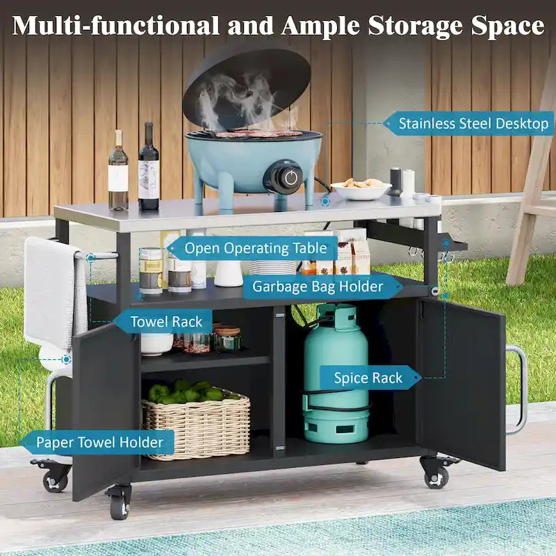 54,5 îlot de cuisine extérieur avec plateau en acier inoxydable, table de chariot de barbecue en métal avec armoire de rangement, étagère à épices