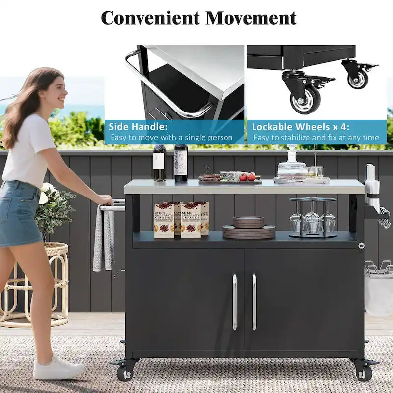 54,5 îlot de cuisine extérieur avec plateau en acier inoxydable, table de chariot de barbecue en métal avec armoire de rangement, étagère à épices