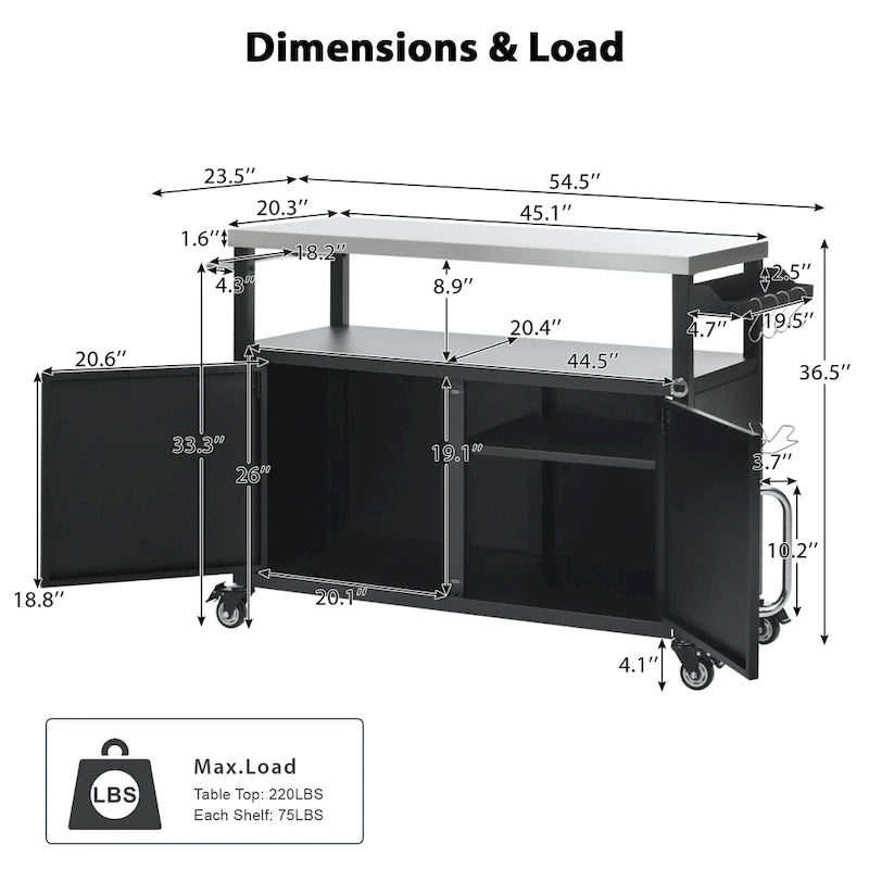54,5 îlot de cuisine extérieur avec plateau en acier inoxydable, table de chariot de barbecue en métal avec armoire de rangement, étagère à épices