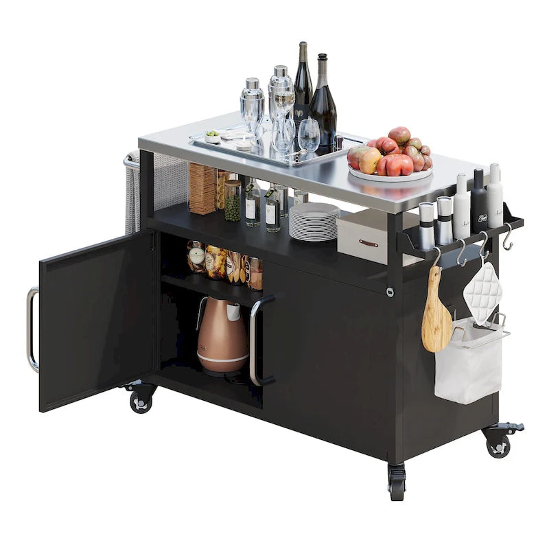 54,5 îlot de cuisine extérieur avec plateau en acier inoxydable, table de chariot de barbecue en métal avec armoire de rangement, étagère à épices