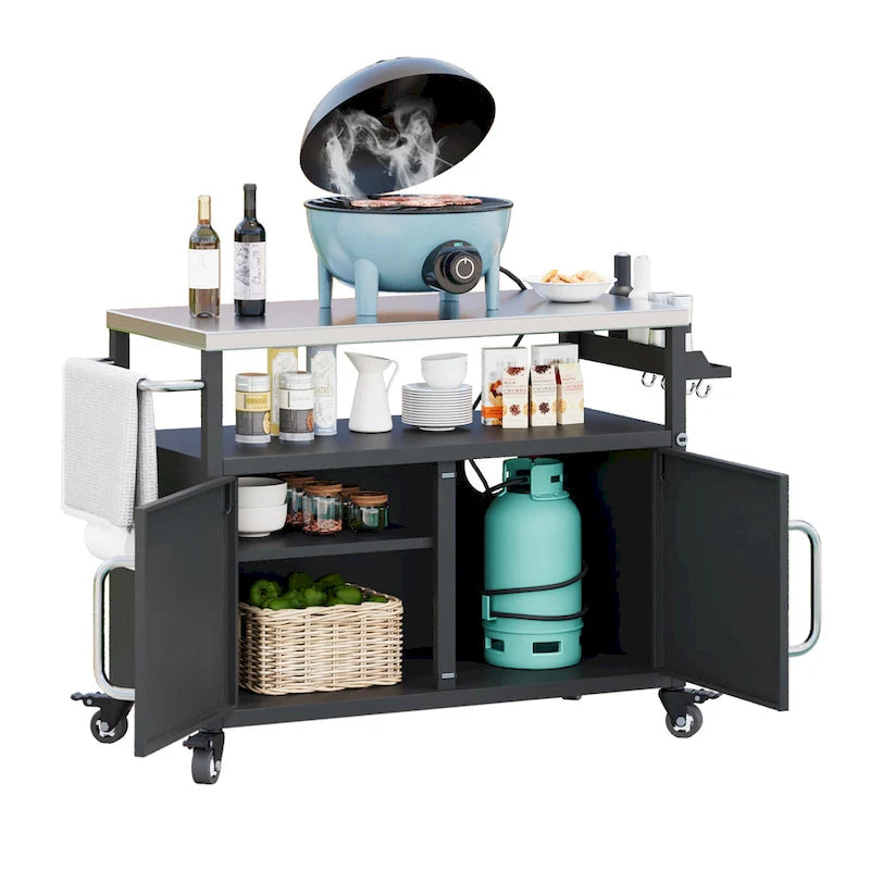 54,5 îlot de cuisine extérieur avec plateau en acier inoxydable, table de chariot de barbecue en métal avec armoire de rangement, étagère à épices