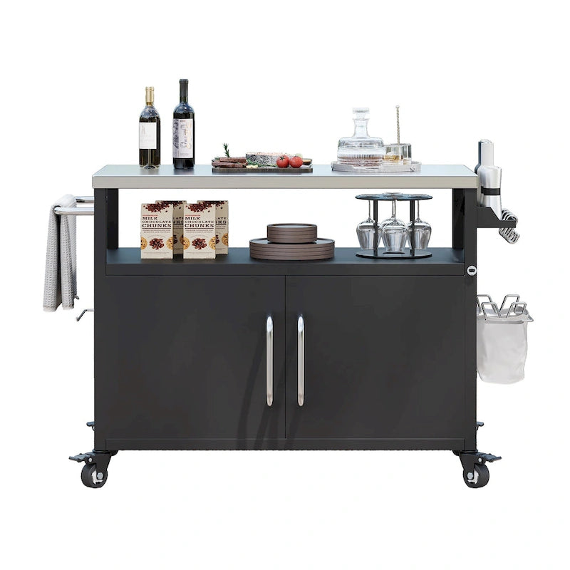 54,5 îlot de cuisine extérieur avec plateau en acier inoxydable, table de chariot de barbecue en métal avec armoire de rangement, étagère à épices