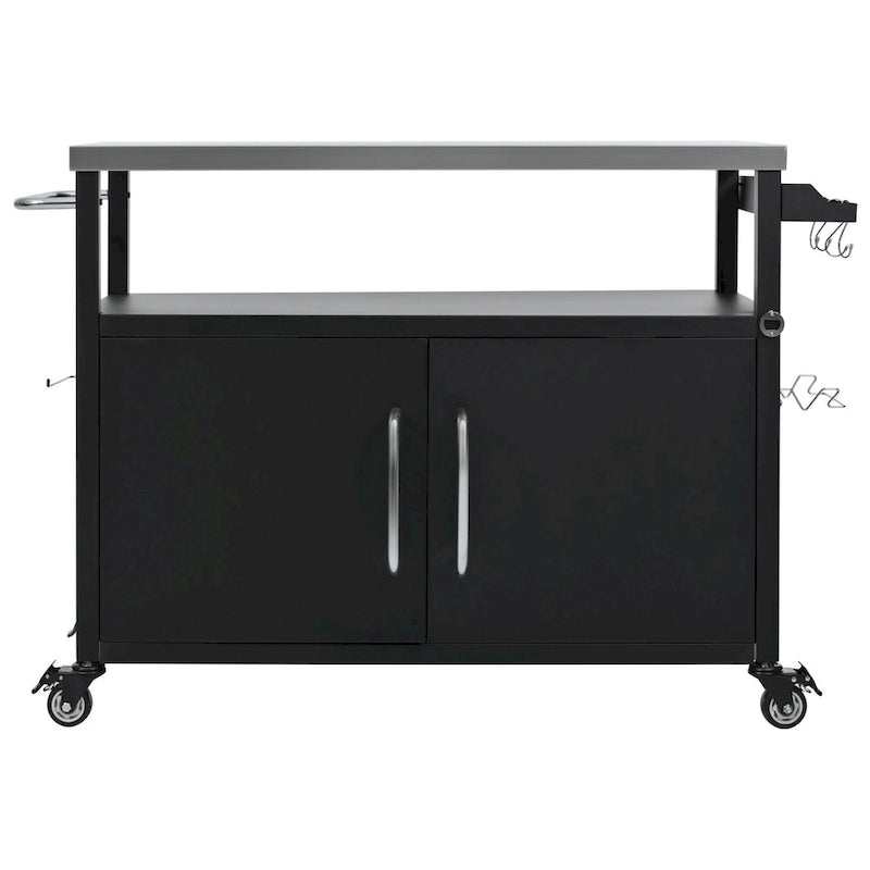 54,5 îlot de cuisine extérieur avec plateau en acier inoxydable, table de chariot de barbecue en métal avec armoire de rangement, étagère à épices