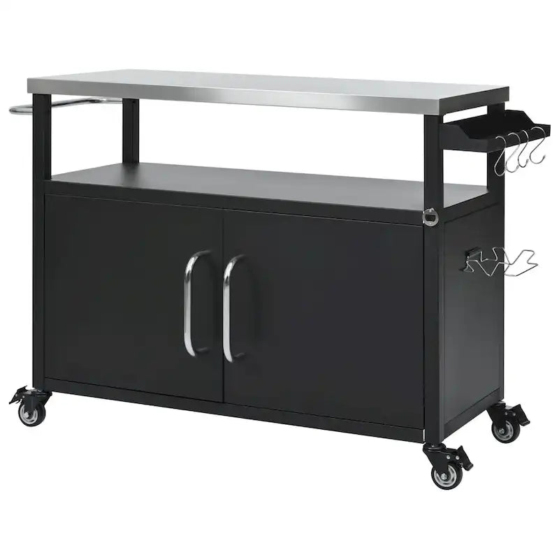 54,5 îlot de cuisine extérieur avec plateau en acier inoxydable, table de chariot de barbecue en métal avec armoire de rangement, étagère à épices