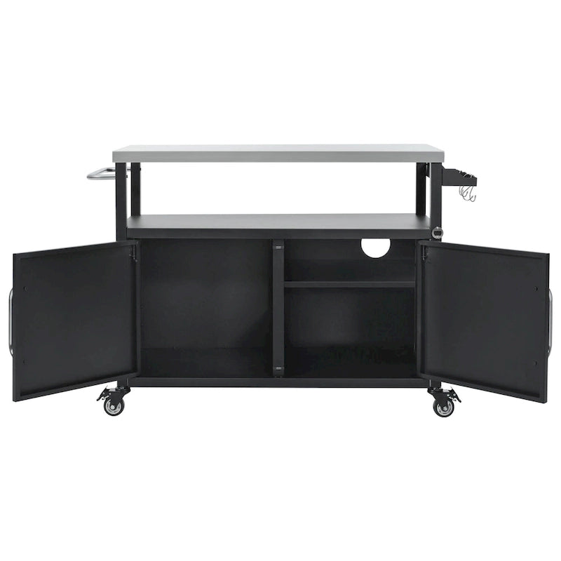 54,5 îlot de cuisine extérieur avec plateau en acier inoxydable, table de chariot de barbecue en métal avec armoire de rangement, étagère à épices