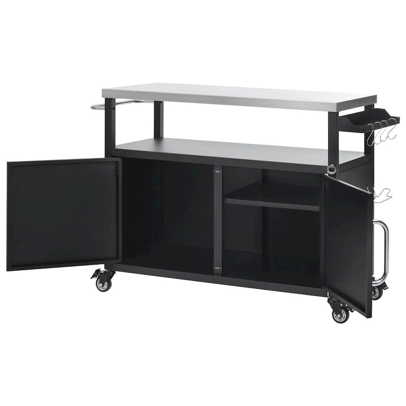 54,5 îlot de cuisine extérieur avec plateau en acier inoxydable, table de chariot de barbecue en métal avec armoire de rangement, étagère à épices