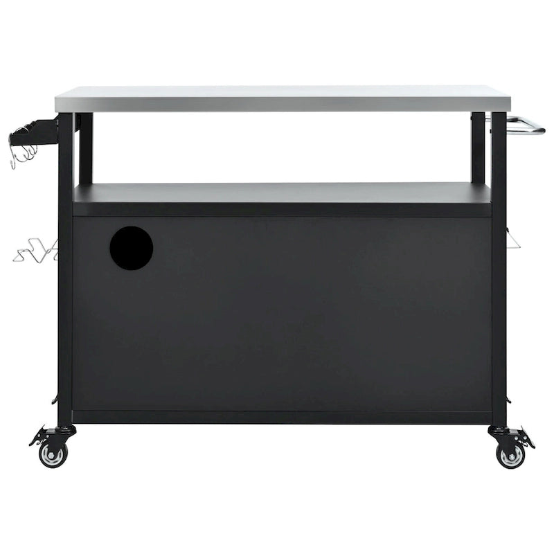 54,5 îlot de cuisine extérieur avec plateau en acier inoxydable, table de chariot de barbecue en métal avec armoire de rangement, étagère à épices
