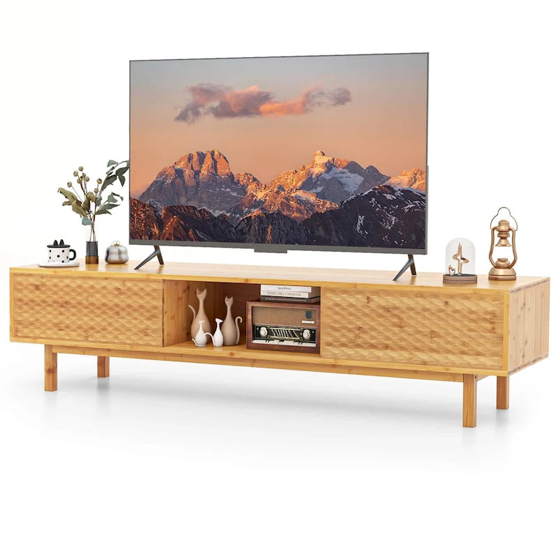 Meuble TV en bambou de 160 cm avec 3 casiers de rangement, portes coulissantes au milieu - Voir détails