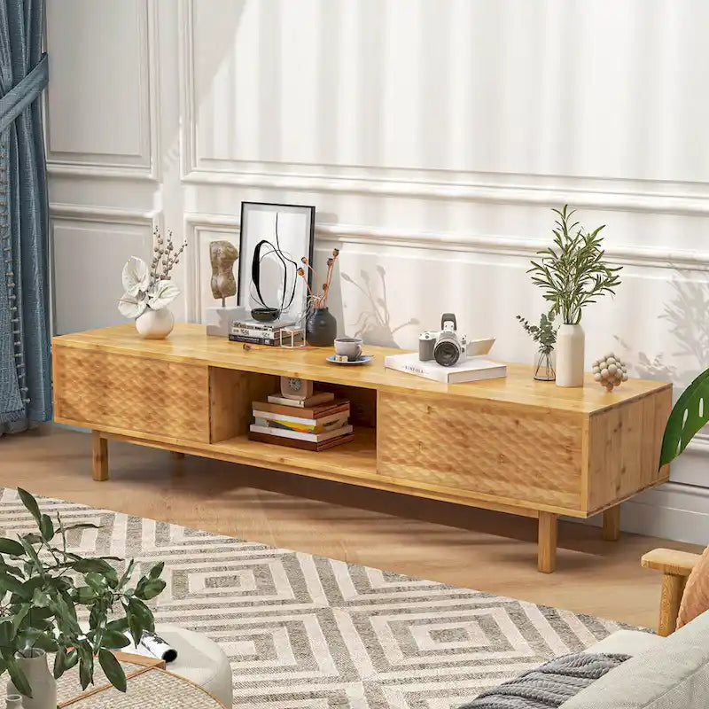 Meuble TV en bambou de 160 cm avec 3 casiers de rangement, portes coulissantes au milieu - Voir détails