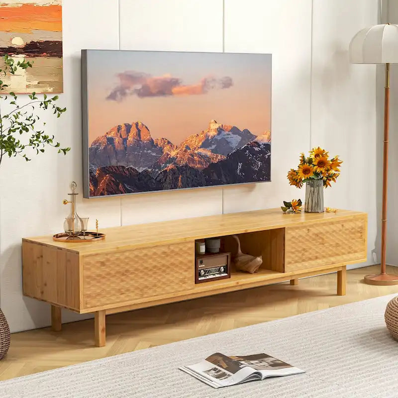 Meuble TV en bambou de 160 cm avec 3 casiers de rangement, portes coulissantes au milieu - Voir détails