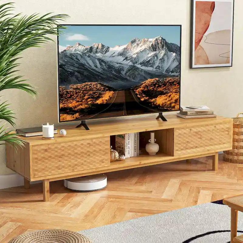Meuble TV en bambou de 160 cm avec 3 casiers de rangement, portes coulissantes au milieu - Voir détails