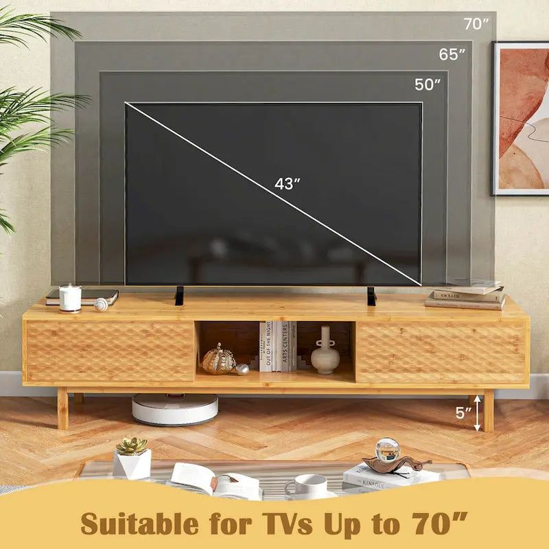 Meuble TV en bambou de 160 cm avec 3 casiers de rangement, portes coulissantes au milieu - Voir détails