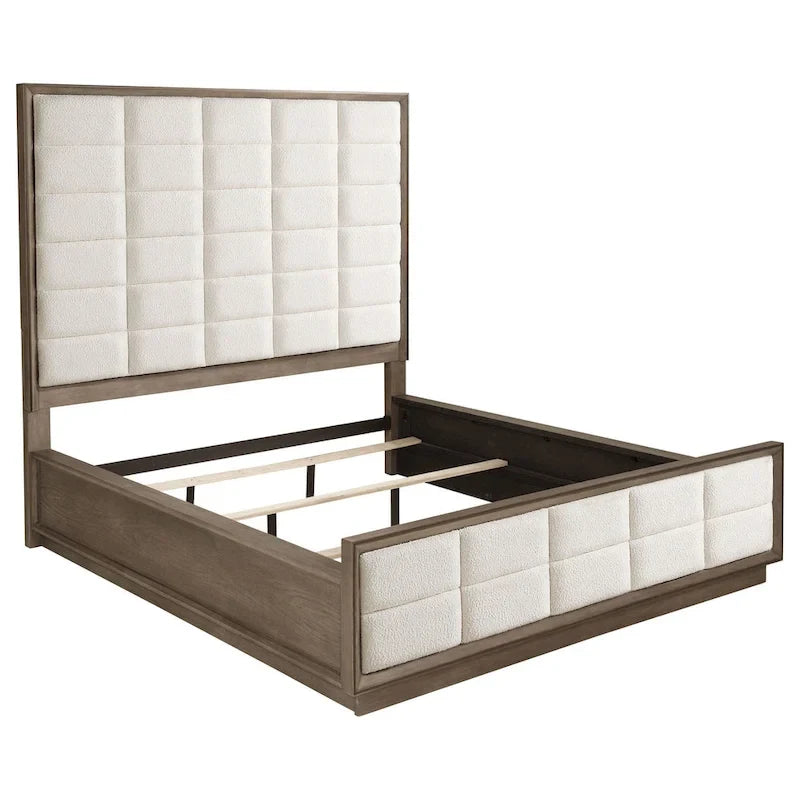 Lit Queen, revêtement matelassé en maille ivoire, brun chêne