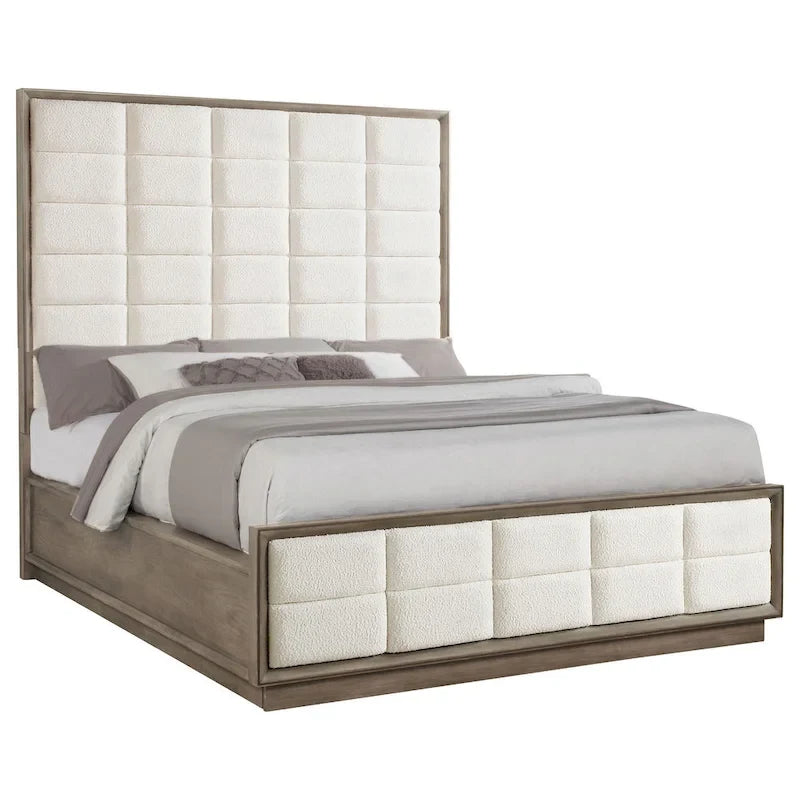 Lit Queen, revêtement matelassé en maille ivoire, brun chêne
