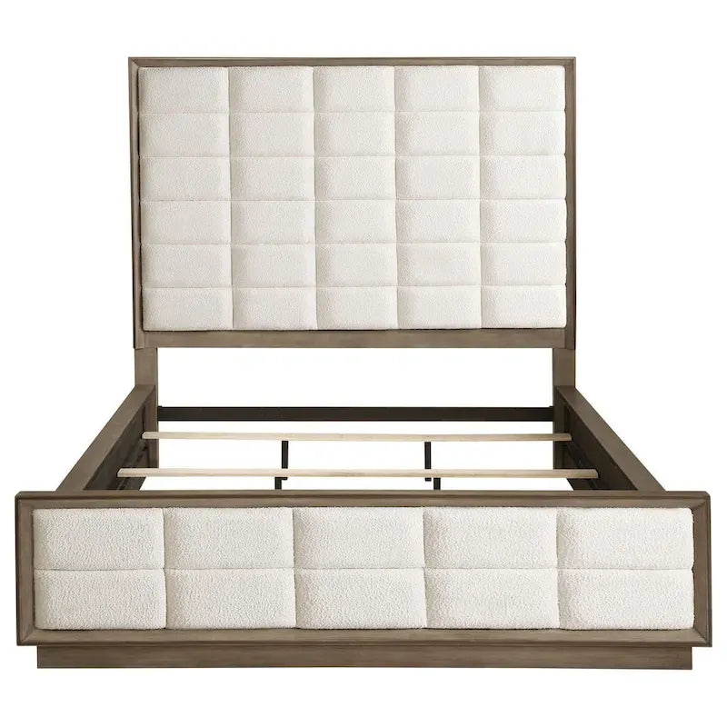 Lit Queen, revêtement matelassé en maille ivoire, brun chêne