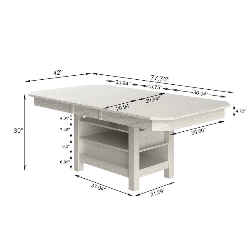 Table à manger rectangulaire extensible moderne en bois massif de 78 po avec étagère de rangement à 3 niveaux