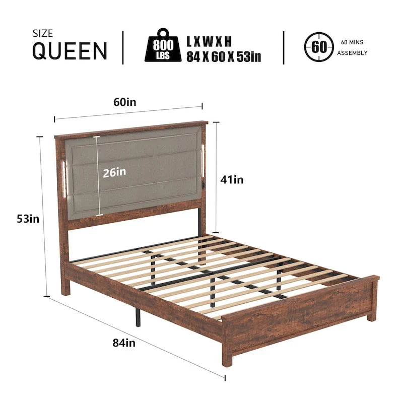 Lit plateforme Queen Size avec tête de lit capitonnée et lumières LED