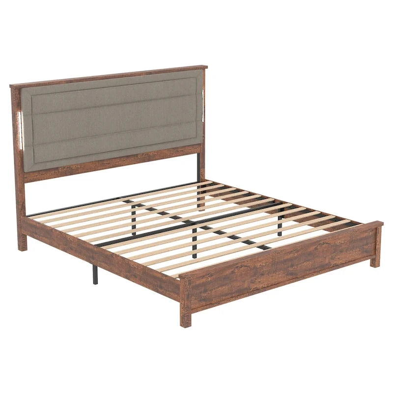 Lit plateforme Queen Size avec tête de lit capitonnée et lumières LED