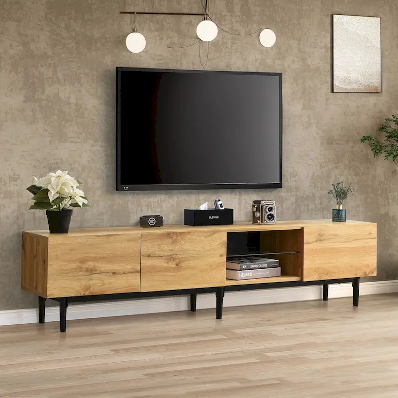 Meuble TV bois 70 avec LED, placards et étagères ouvertes pour TV jusqu'à 80