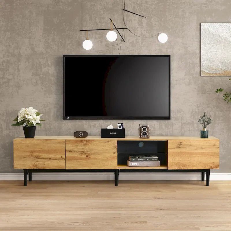 Meuble TV bois 70 avec LED, placards et étagères ouvertes pour TV jusqu'à 80
