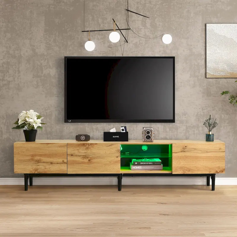 Meuble TV bois 70 avec LED, placards et étagères ouvertes pour TV jusqu'à 80
