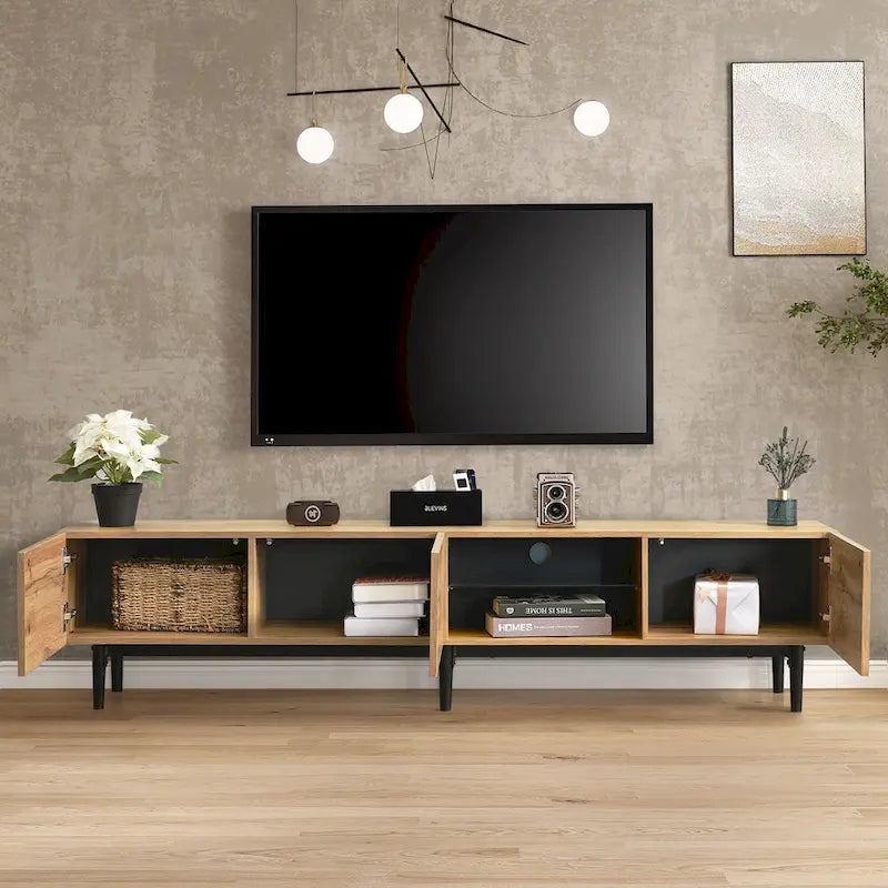 Meuble TV bois 70 avec LED, placards et étagères ouvertes pour TV jusqu'à 80
