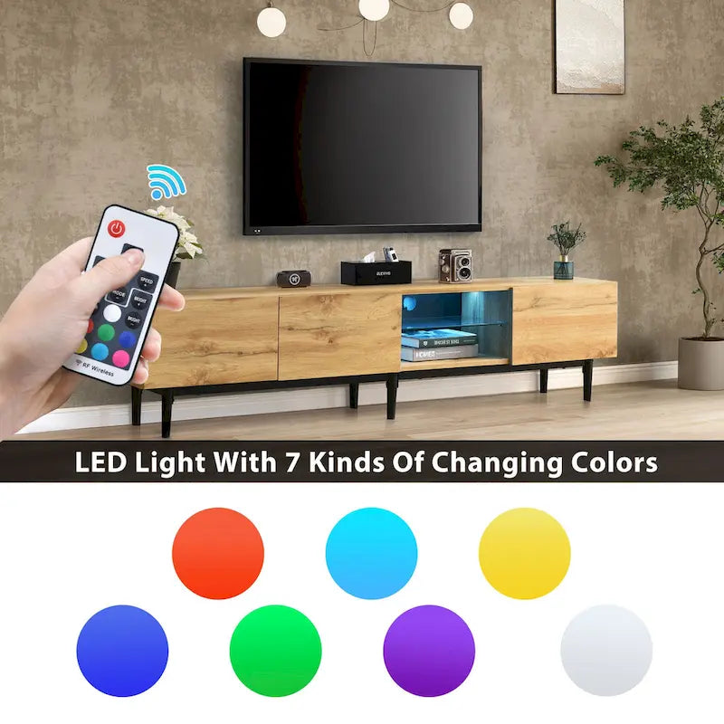 Meuble TV bois 70 avec LED, placards et étagères ouvertes pour TV jusqu'à 80