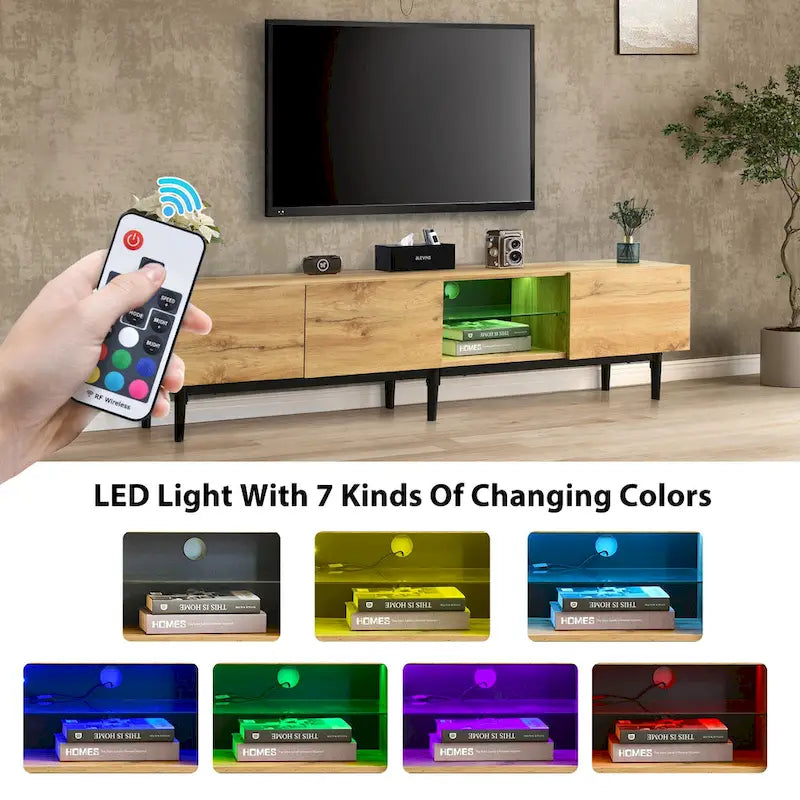 Meuble TV bois 70 avec LED, placards et étagères ouvertes pour TV jusqu'à 80