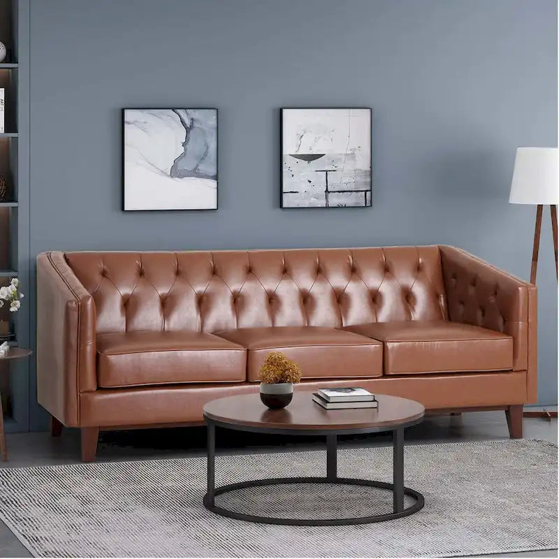 Light Brown Modern 81 Faux Leather Button Tufted 3-seater Sofa with Wood Legs for Living Room