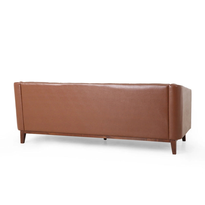 Canapé 3 places moderne marron clair en similicuir avec boutons touffetés et pieds en bois pour salon