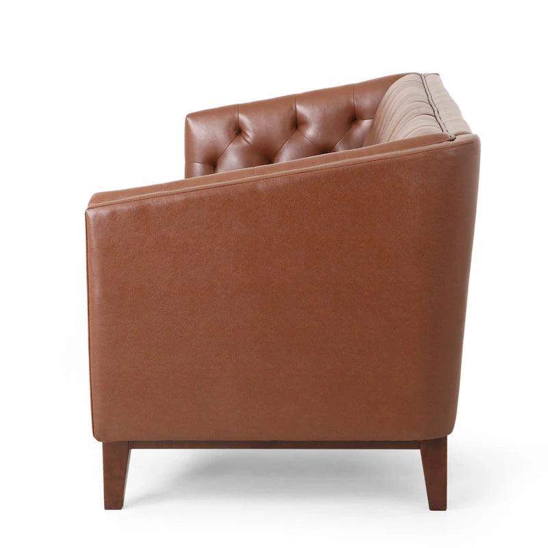 Canapé 3 places moderne marron clair en similicuir avec boutons touffetés et pieds en bois pour salon