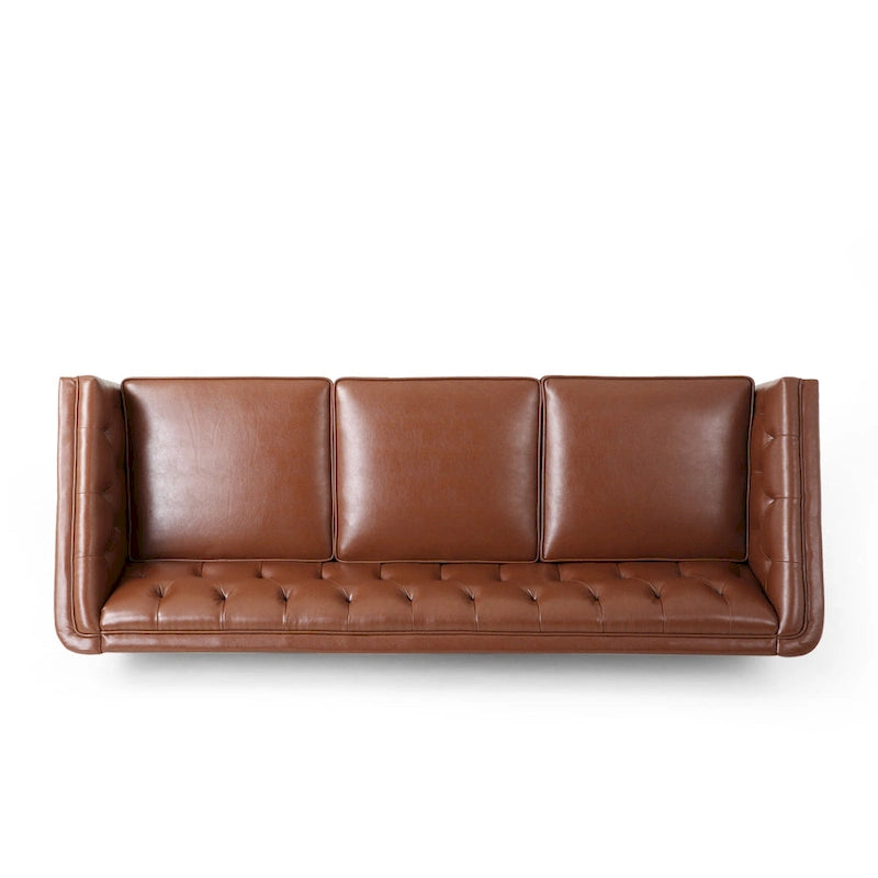 Canapé 3 places moderne marron clair en similicuir avec boutons touffetés et pieds en bois pour salon