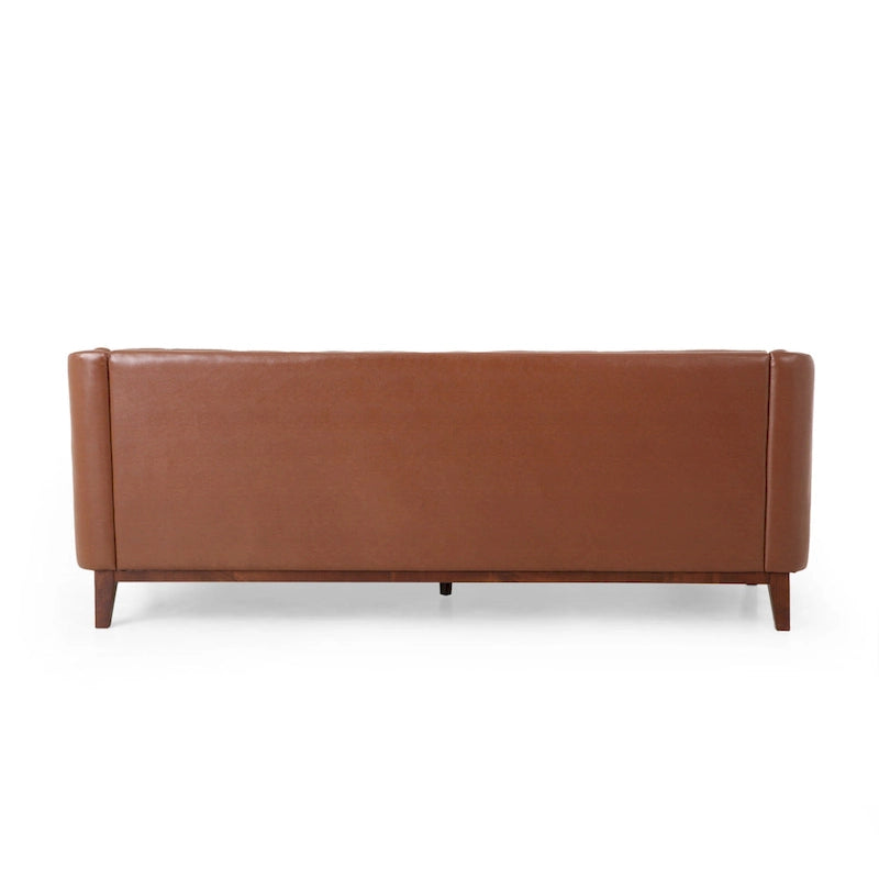 Canapé 3 places moderne marron clair en similicuir avec boutons touffetés et pieds en bois pour salon