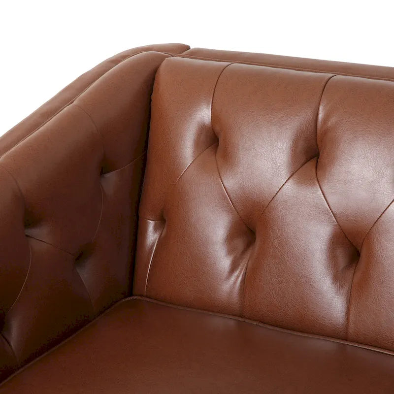Canapé 3 places moderne marron clair en similicuir avec boutons touffetés et pieds en bois pour salon