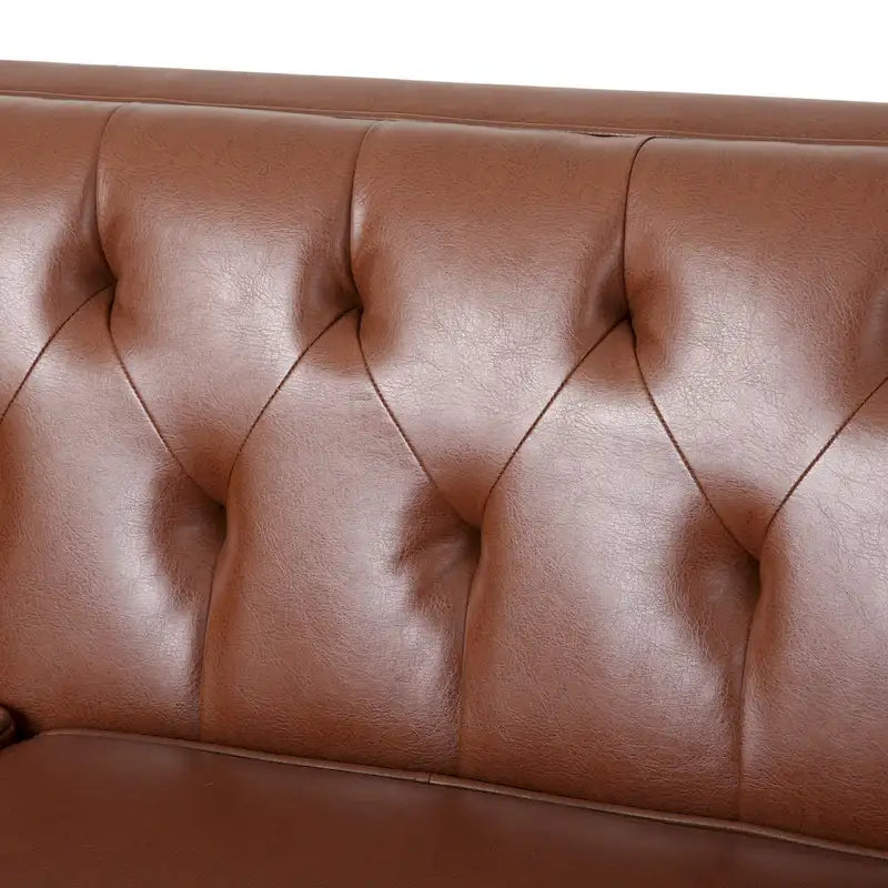 Canapé 3 places moderne marron clair en similicuir avec boutons touffetés et pieds en bois pour salon