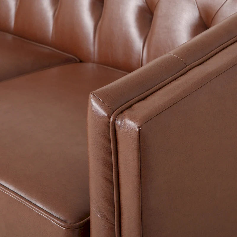 Canapé 3 places moderne marron clair en similicuir avec boutons touffetés et pieds en bois pour salon